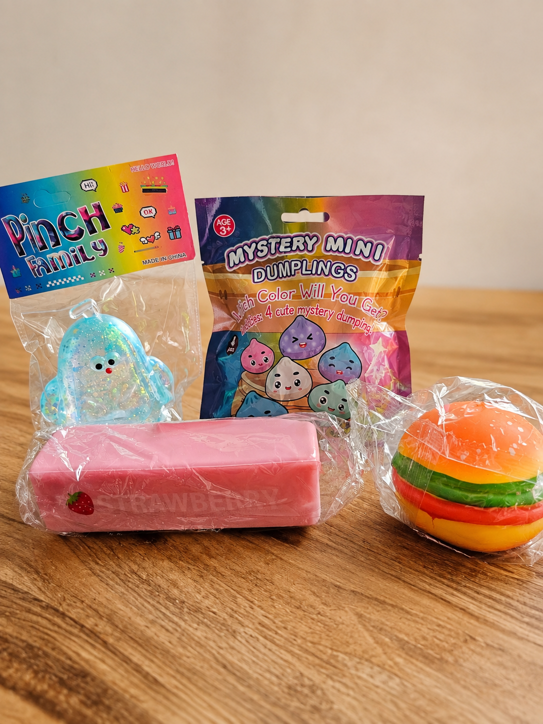 🍓 NEW Squishy Toy Bundle – Mystery Dumplings, Strawberry Butter, Burger & More!